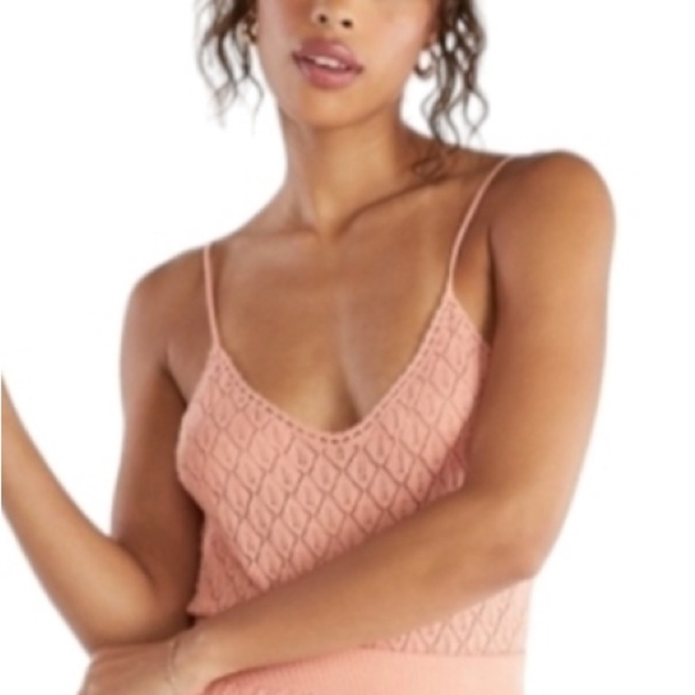 JUSTFAB crochet knit tank semi sheer blooming dahlia pink coral mesh Large NWT